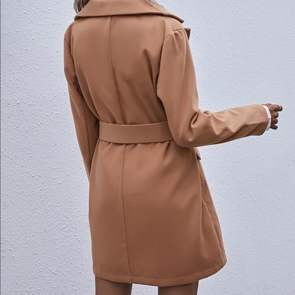 Long trench peacoat jacket camel brown tan belted - Picture 2 of 3